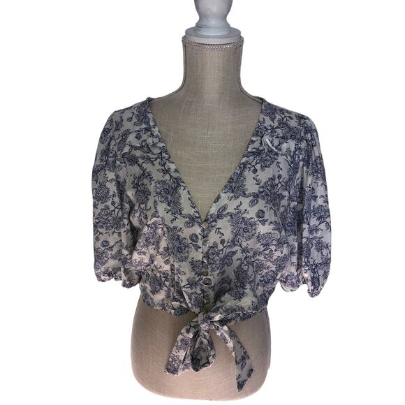 Cynthia Rowley Cottage Core Blue Floral Vintage Style Cropped Line Blouse - M - Picture 1 of 5